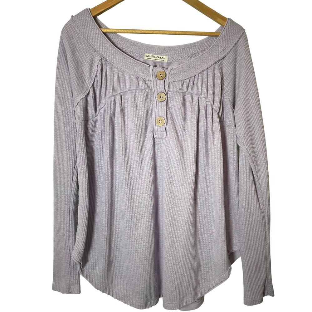 We The Free Free People Henley Thermal Top M Purple Relaxed Long Sleeve Preppy